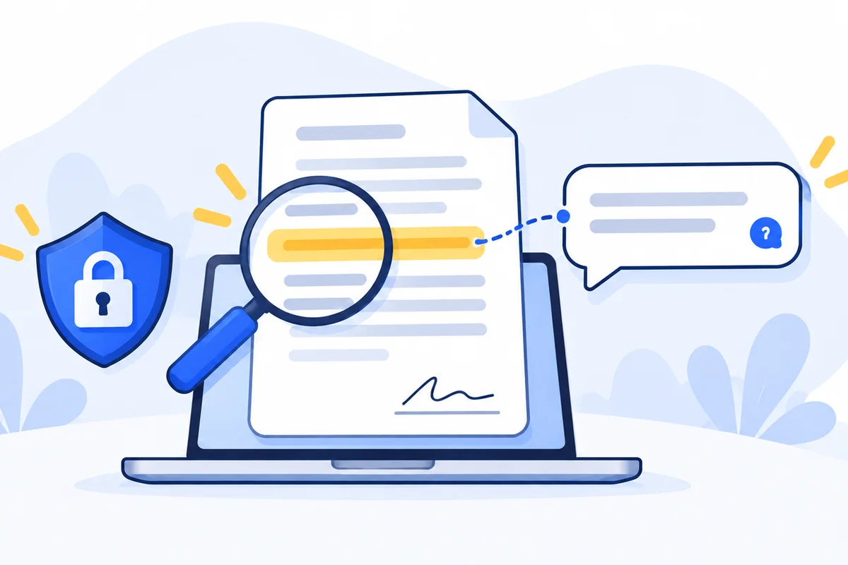 Illustration: a contract page with a highlighted clause under a magnifying glass, linked by a dotted line to a chat bubble, beside a shield with a padlock, above a laptop.