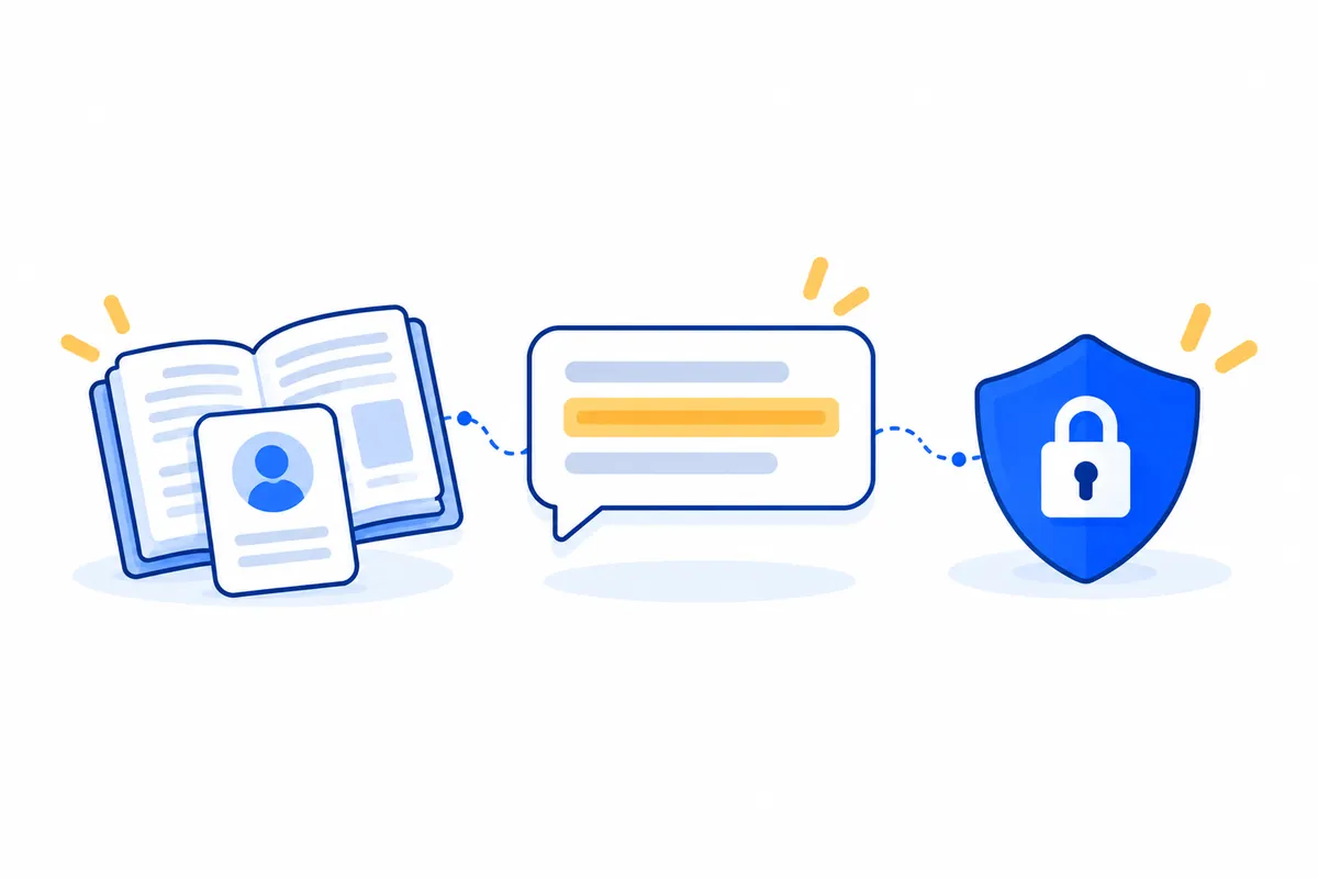 Illustration: an employee profile card in front of an open handbook, linked by dotted lines to a chat bubble with one highlighted line and a blue shield with a padlock.