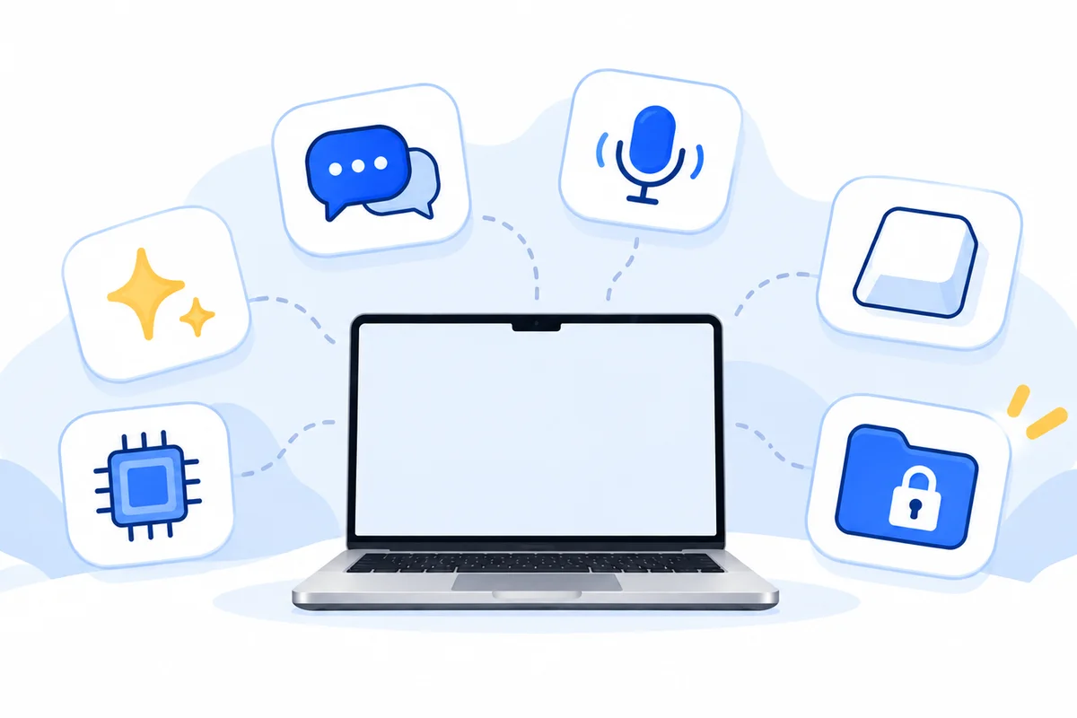 Illustration: a laptop surrounded by six app tiles: a sparkle, chat bubbles, a microphone, a keyboard key, a chip, and a folder with a padlock.