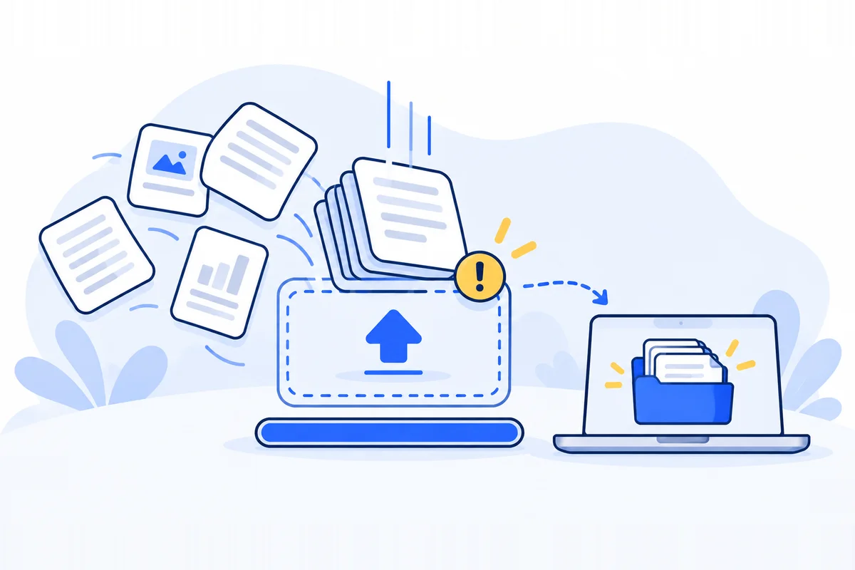 Illustration: a stack of documents dropping into an upload box with a warning sign and a full progress bar, while loose pages fly off, and a laptop beside it holds a tidy folder of documents.