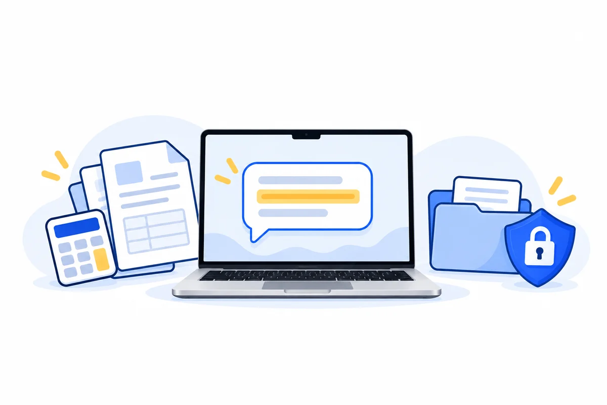Illustration: a calculator and a stack of invoices beside a laptop showing a chat bubble, with a padlock shield guarding a folder of client files.