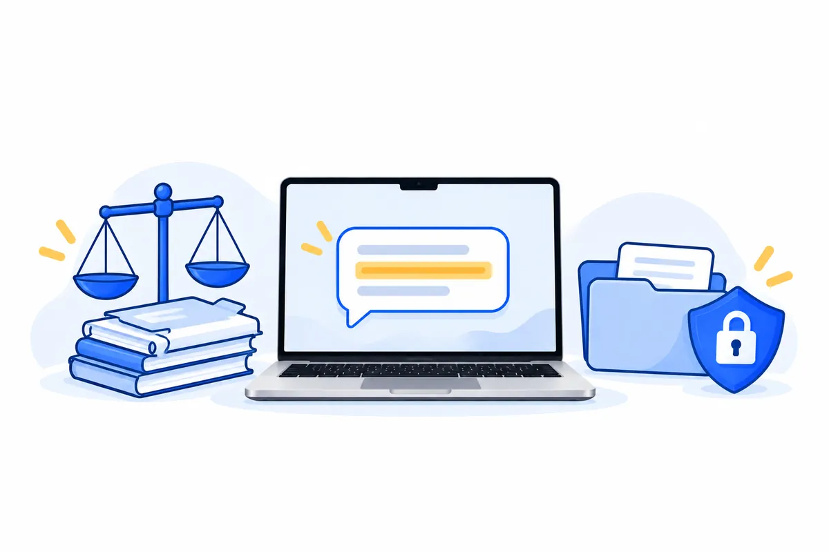 Illustration: a balance scale on a stack of law books beside a laptop showing a chat bubble with a highlighted line, and a folder of papers guarded by a shield with a padlock.