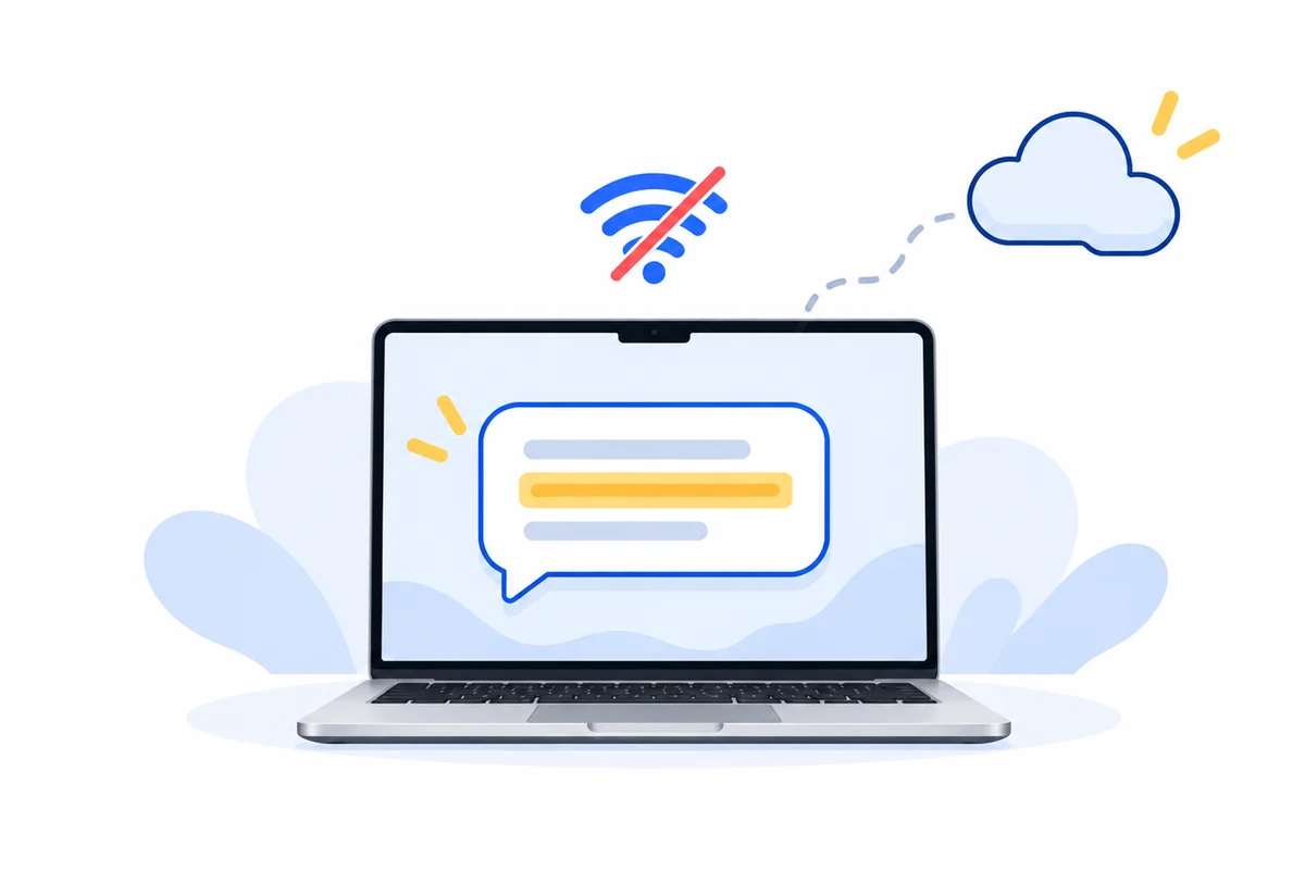 Illustration: a laptop with a crossed-out Wi-Fi sign still showing a chat bubble with a highlighted answer, while a cloud floats away disconnected.
