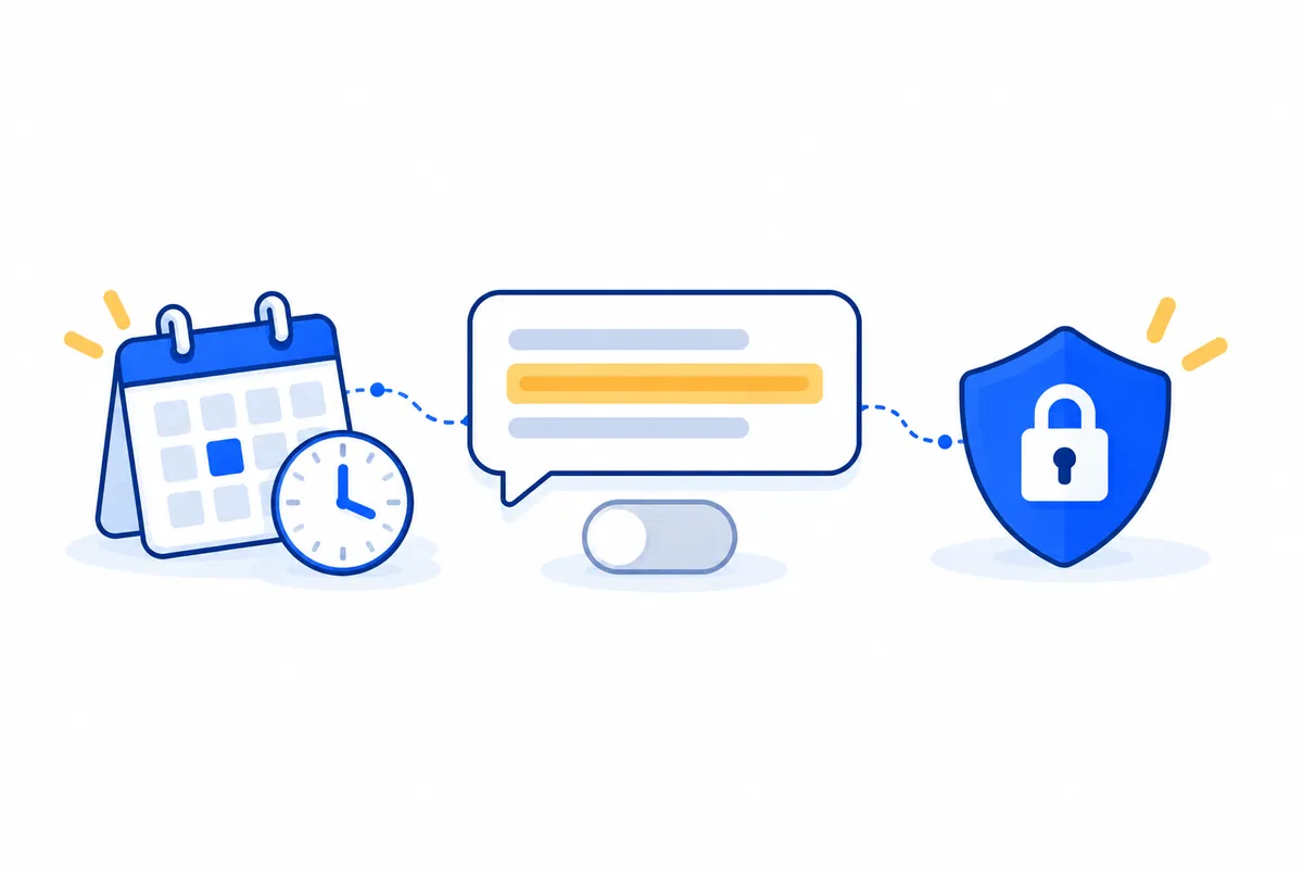 Illustration: a calendar page with a clock, linked by dotted lines to a chat bubble with one highlighted line above a switch, and a blue shield with a padlock.