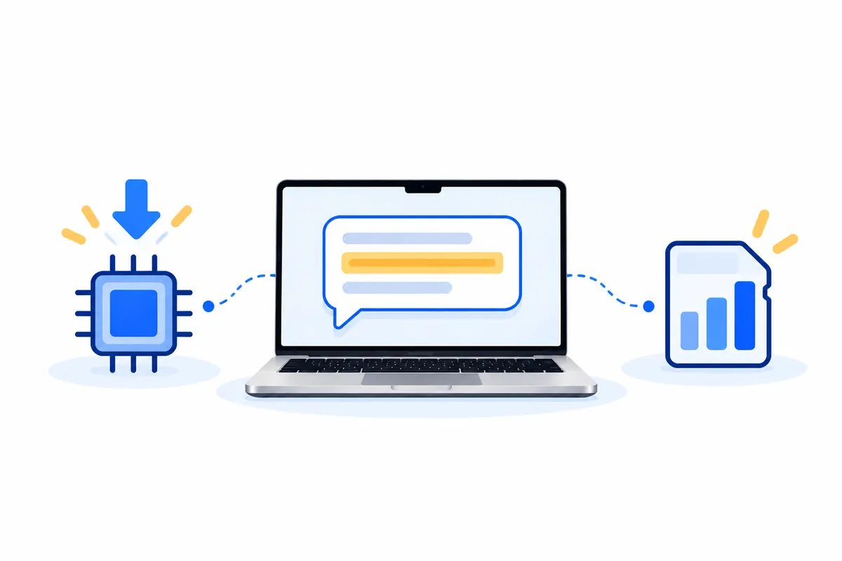 Illustration: a laptop showing a chat bubble with one highlighted line, linked by dotted lines to a chip with a download arrow and to a memory card with three rising bars.