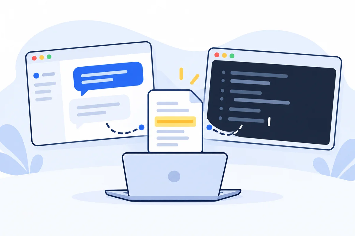 Illustration: a chat app window and a dark terminal window side by side, both linked to one document with a highlighted line, above a laptop.