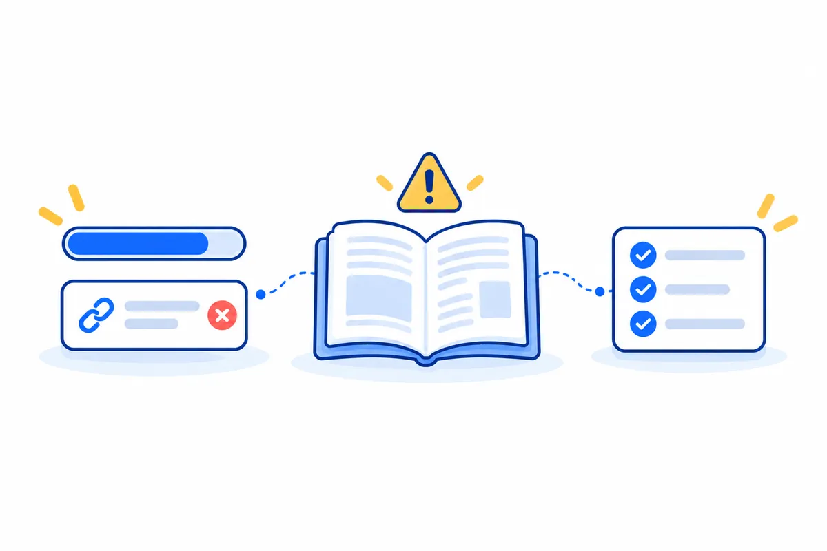 Illustration: an open notebook under a yellow warning sign, linked by dotted lines to a nearly full progress bar with a broken link card, and to a checklist with three blue ticks.