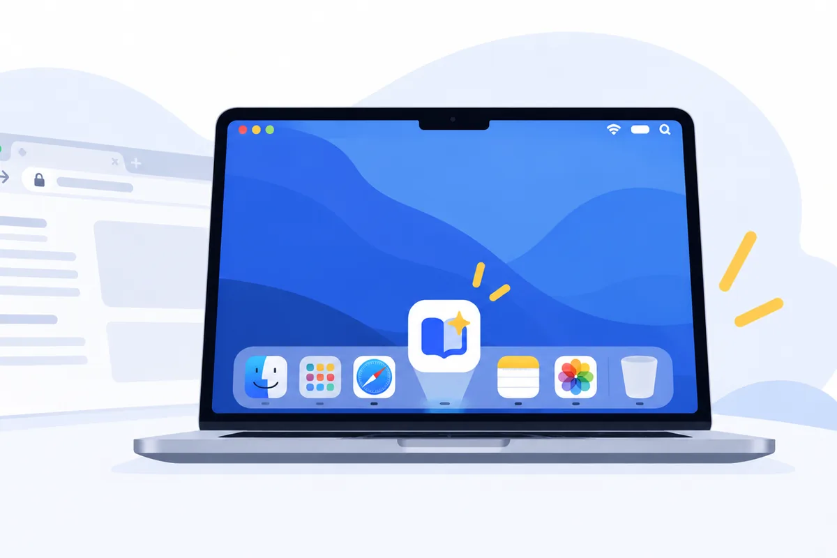 Illustration: a laptop with a new app icon rising out of its Dock, and a web browser window fading into the background.