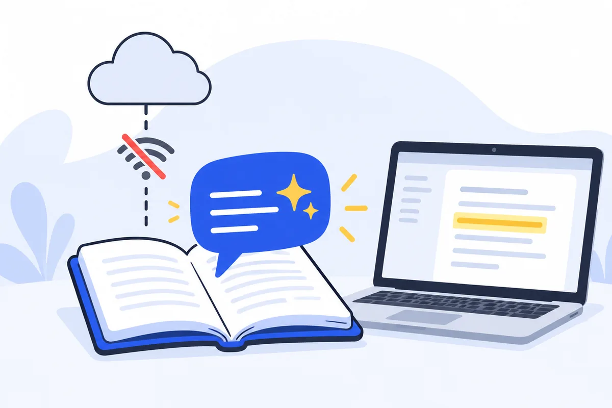 Illustration: an open notebook with a chat bubble, a cloud linked by a dotted line, a crossed-out Wi-Fi sign, and a laptop showing a document with one line highlighted.