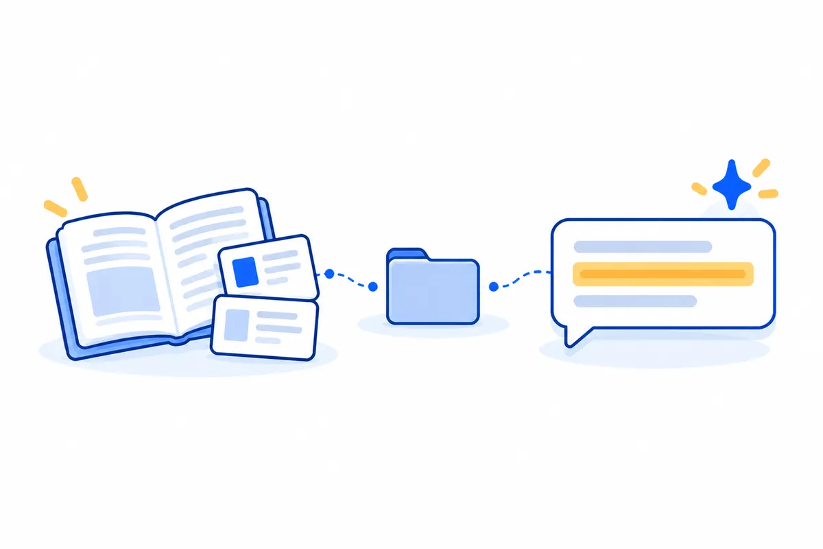 Illustration: an open notebook with two source cards, linked by dotted lines through a shared folder to a chat bubble with one highlighted line and a sparkle.