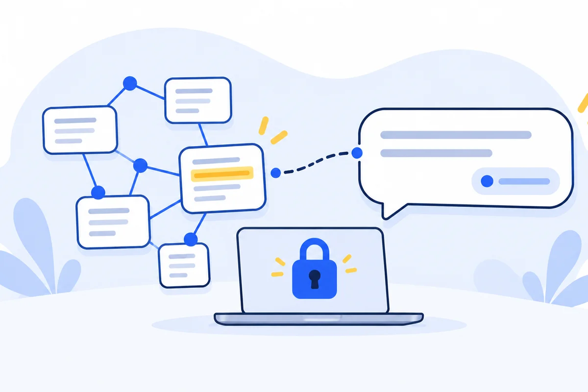 Illustration: a graph of linked note cards, one with a highlighted line, joined by a dotted line to a chat bubble with a citation, above a laptop showing a padlock.