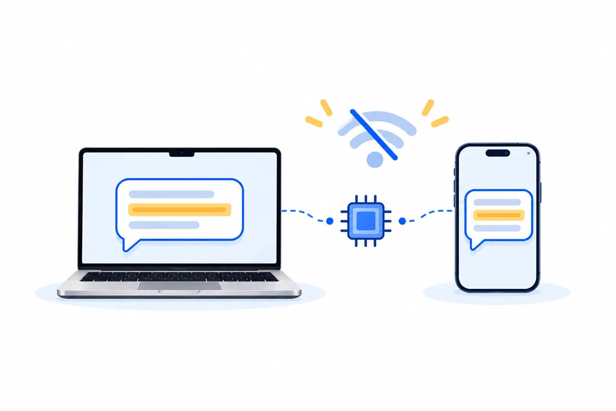 Illustration: a laptop and a phone, each showing a chat bubble with one highlighted line, linked by a dotted line through a chip icon, under a crossed-out Wi-Fi sign.