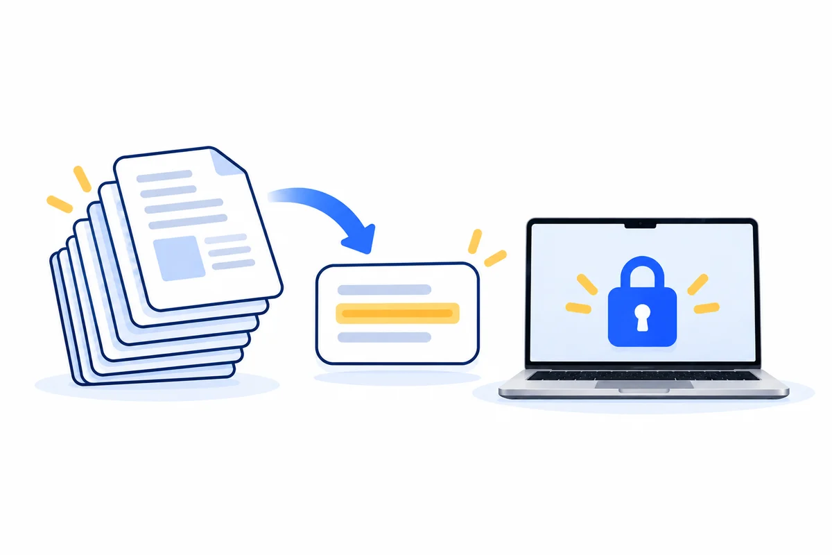 Illustration: a long PDF document funneling into a short card of three highlighted lines, beside a laptop with a padlock.