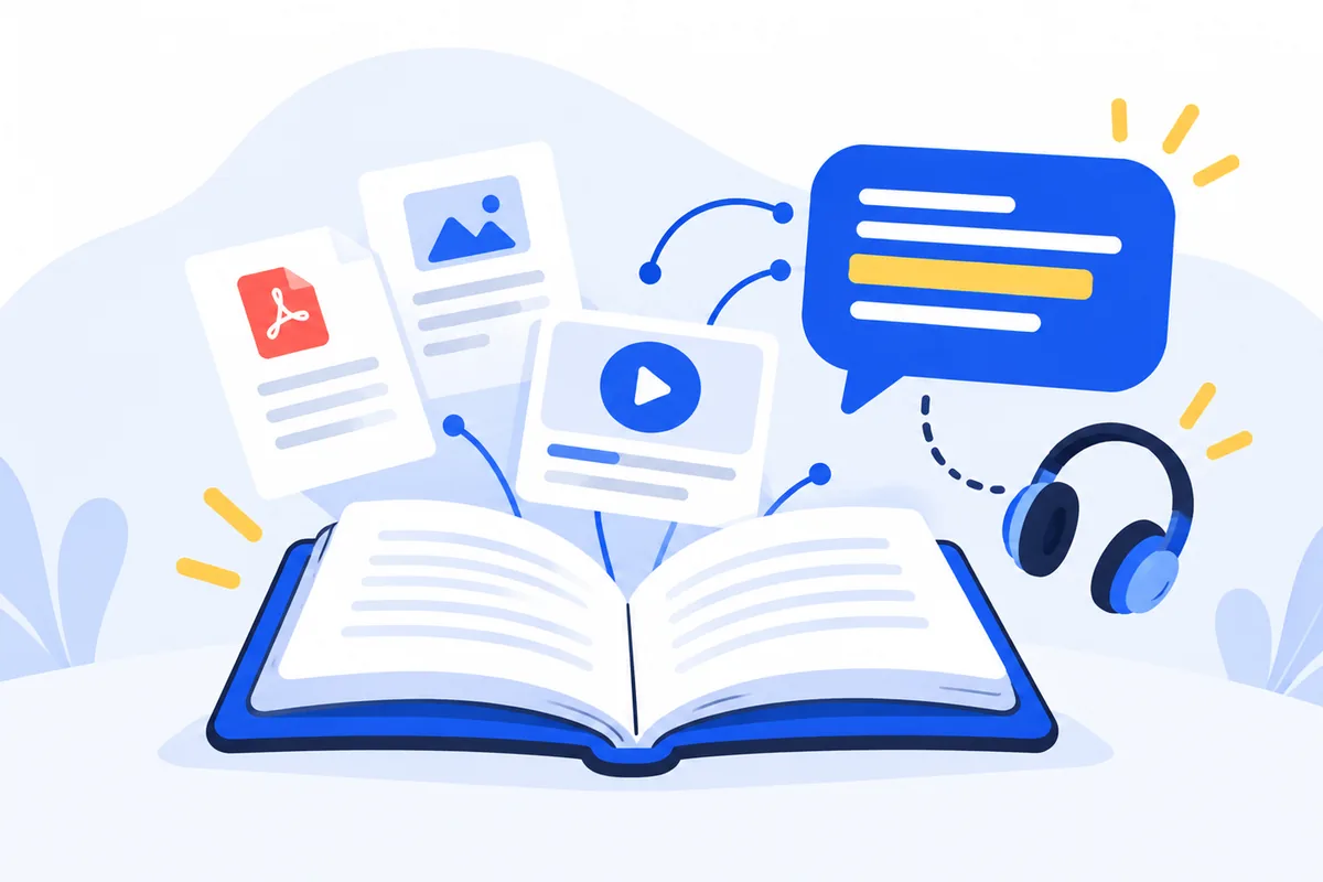 Illustration: an open notebook with a PDF, an image and a video card rising from it, linked to a chat bubble with a highlighted line and a pair of headphones.