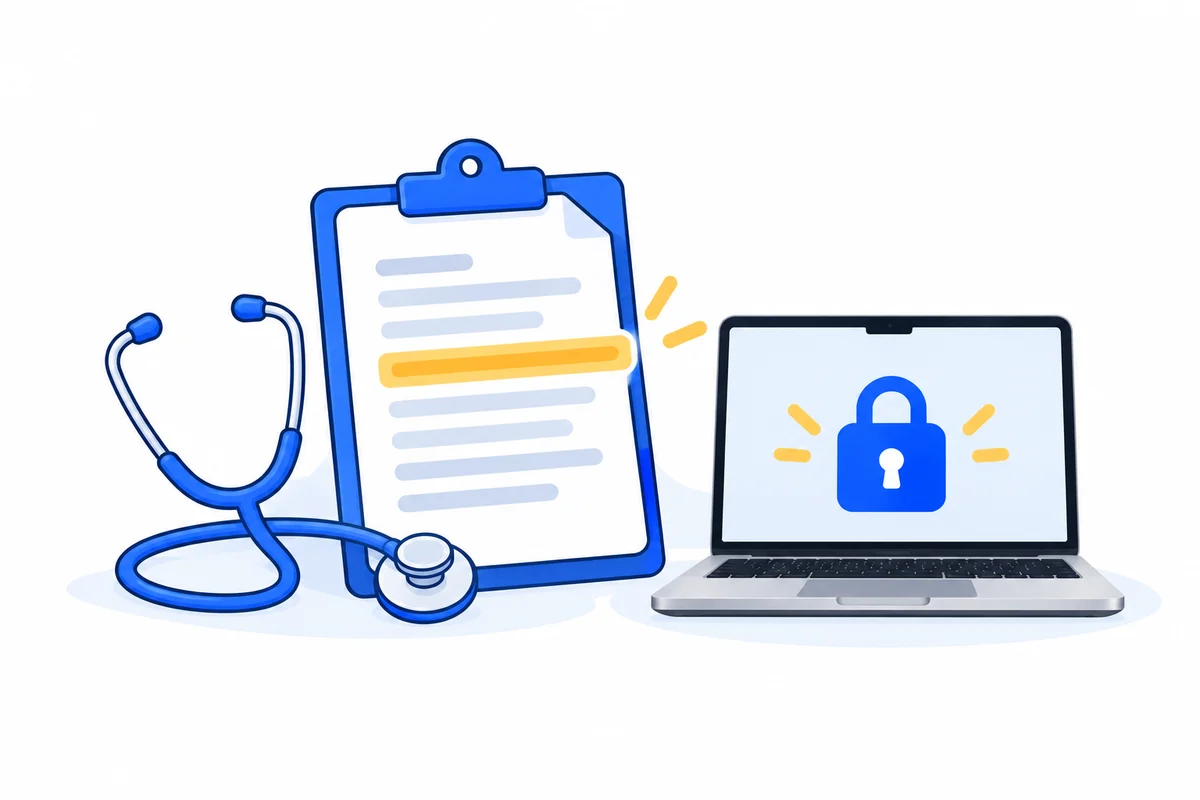 Illustration: a clipboard with a letter and one highlighted line, a stethoscope, and a laptop with a padlock.