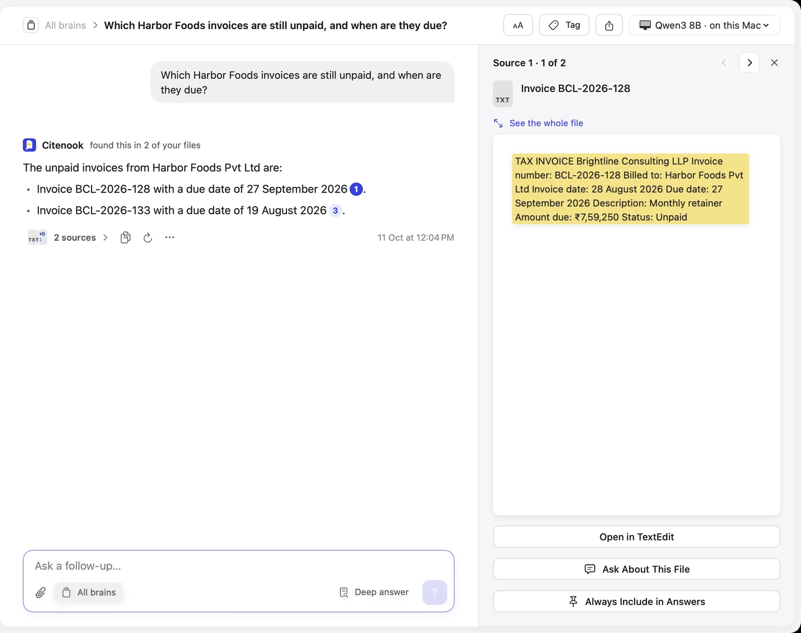 Citenook answering 'Which Harbor Foods invoices are still unpaid, and when are they due?' with a model running on the Mac, listing two invoices with their due dates, and one invoice open beside it with its text highlighted.