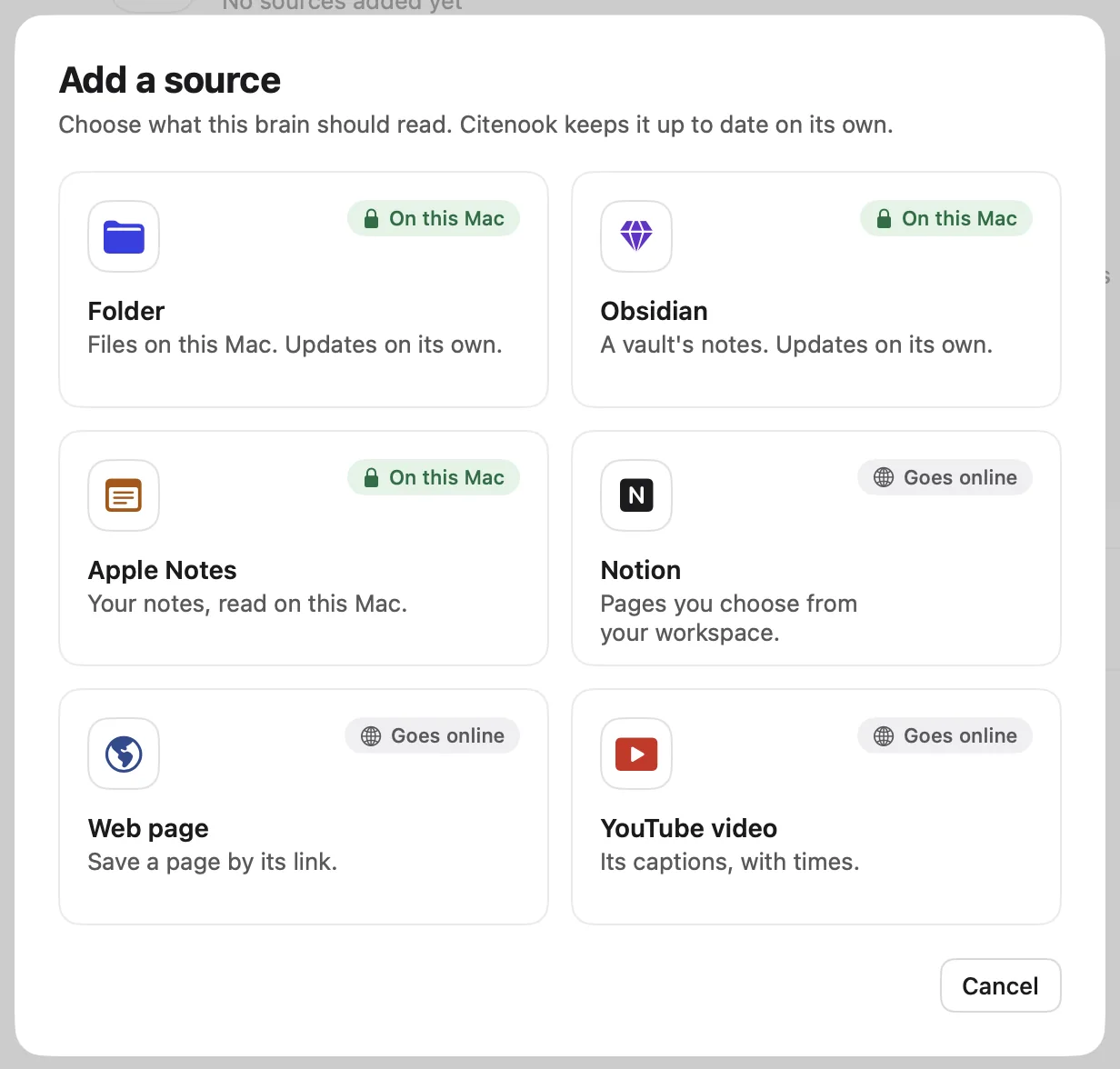 Citenook's Add a source window with six choices: Folder, Obsidian and Apple Notes marked On this Mac, and Notion, Web page and YouTube video marked Goes online.