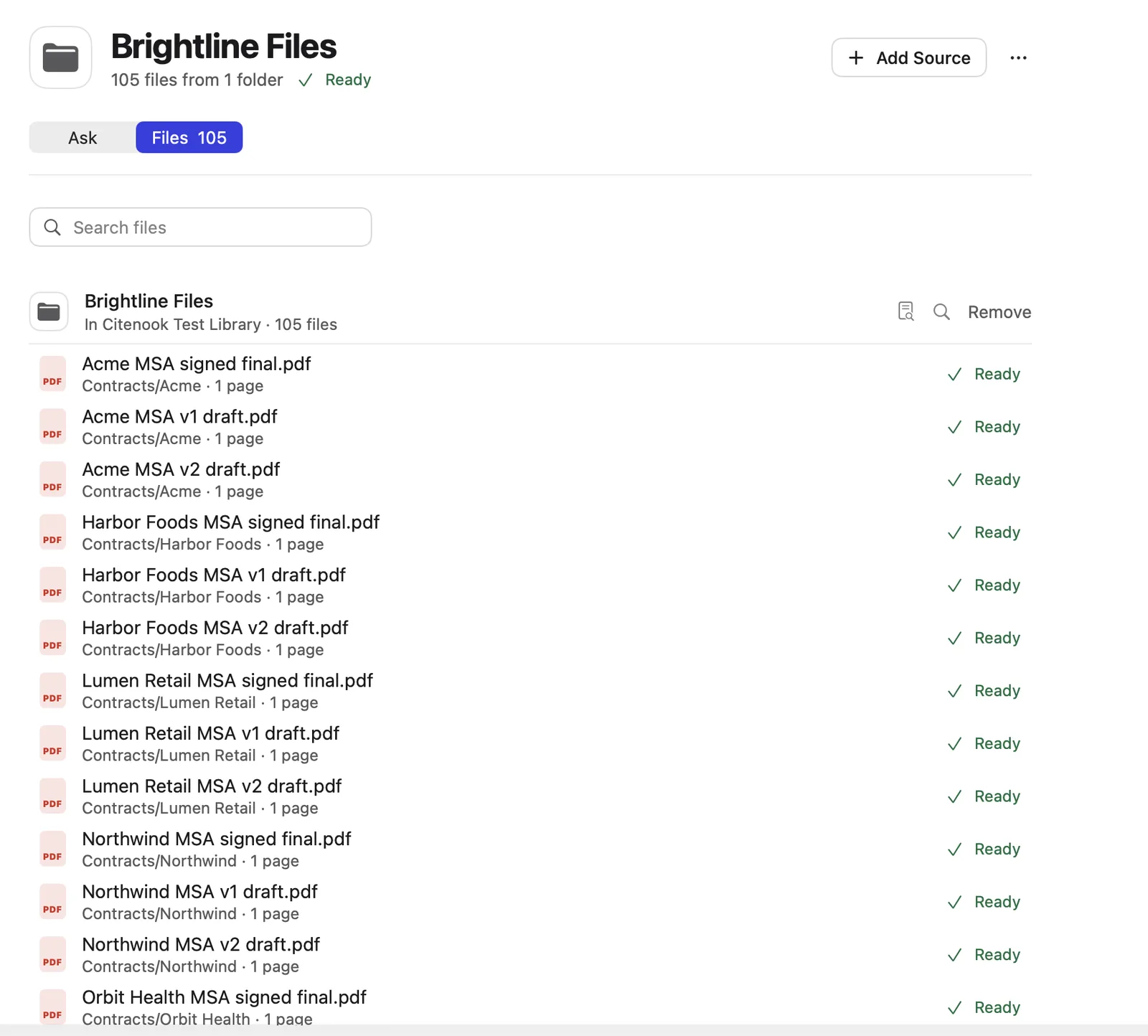 A Citenook brain with 105 files from one folder, each marked Ready.