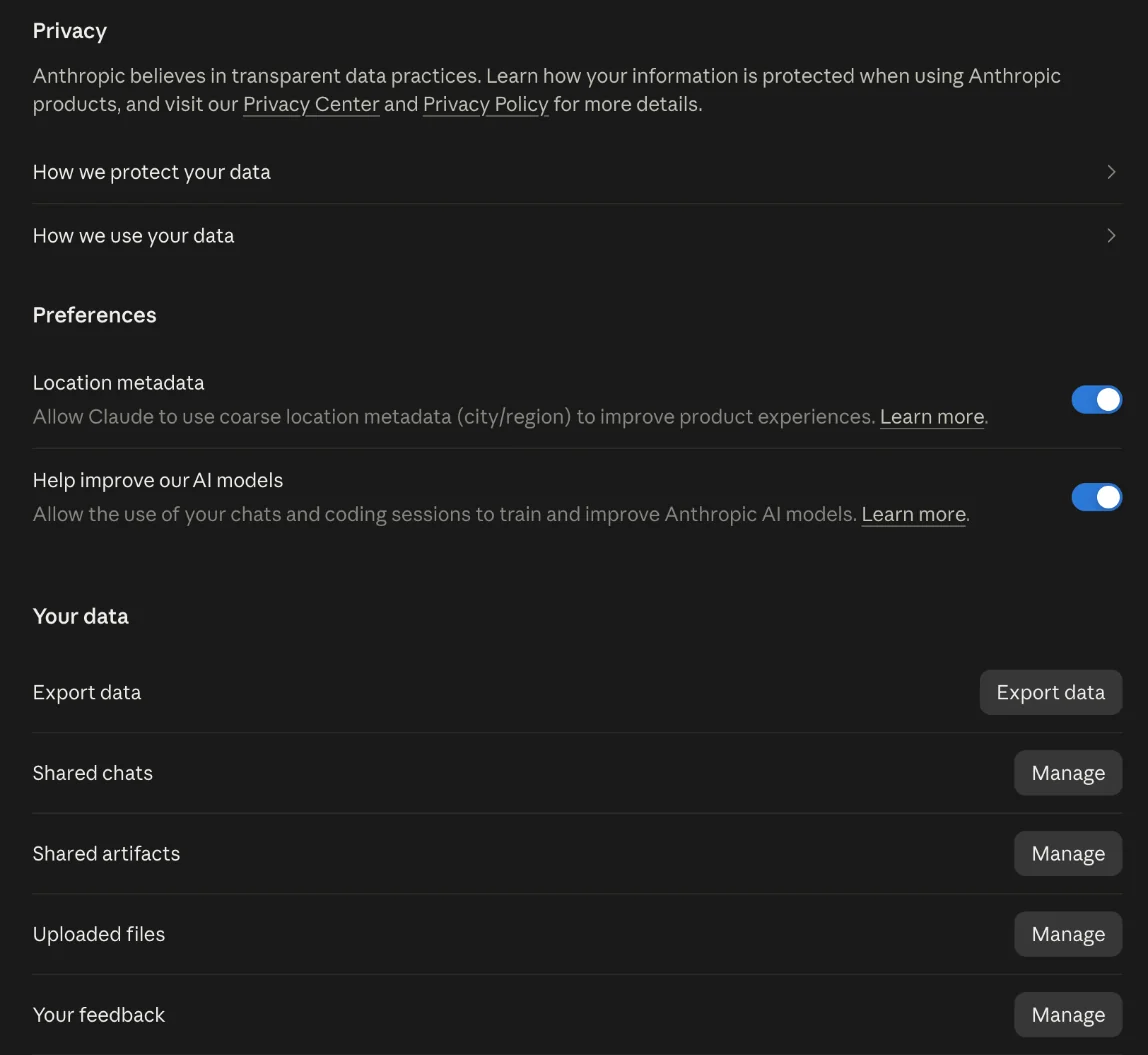Claude's Privacy settings with 'Help improve our AI models' switched on, plus location metadata, export data, shared chats, shared artifacts, uploaded files and feedback.