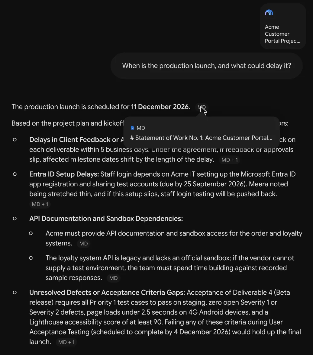 The Gemini app answering 'When is the production launch, and what could delay it?' with a notebook attached: launch on 11 December 2026 and a list of risks, with a source chip open that shows only the file name, Statement of Work No. 1.