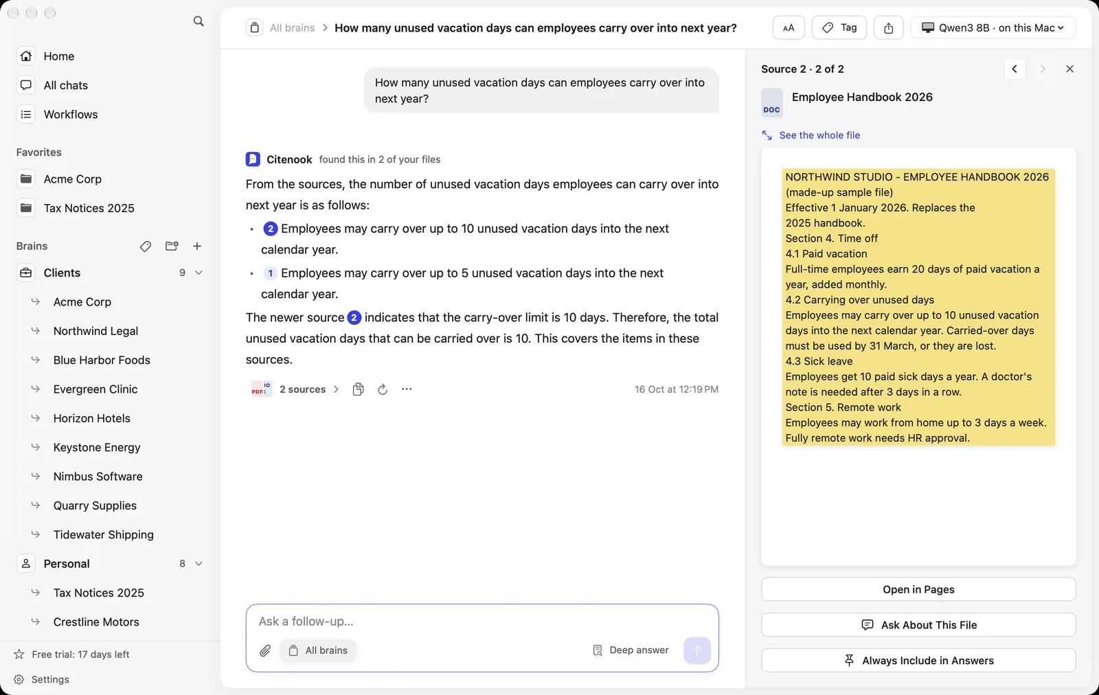 Citenook answering 'How many unused vacation days can employees carry over into next year?' with a model running on the Mac: 10 days in the 2026 handbook and 5 in the 2025 one, saying the newer limit applies, with the 2026 handbook open beside it and its text highlighted.