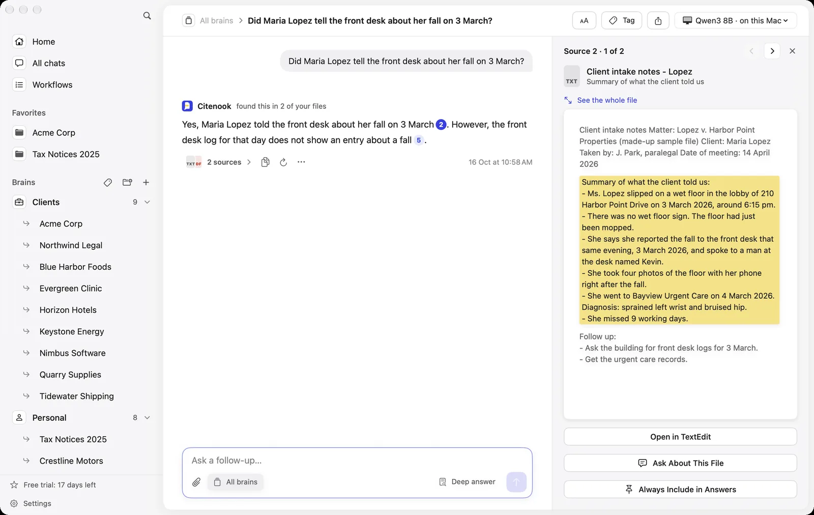 Citenook answering 'Did Maria Lopez tell the front desk about her fall on 3 March?' with a model running on the Mac: yes according to one source, but the front desk log shows no entry according to another, with the client intake notes open beside it and the client's account highlighted.