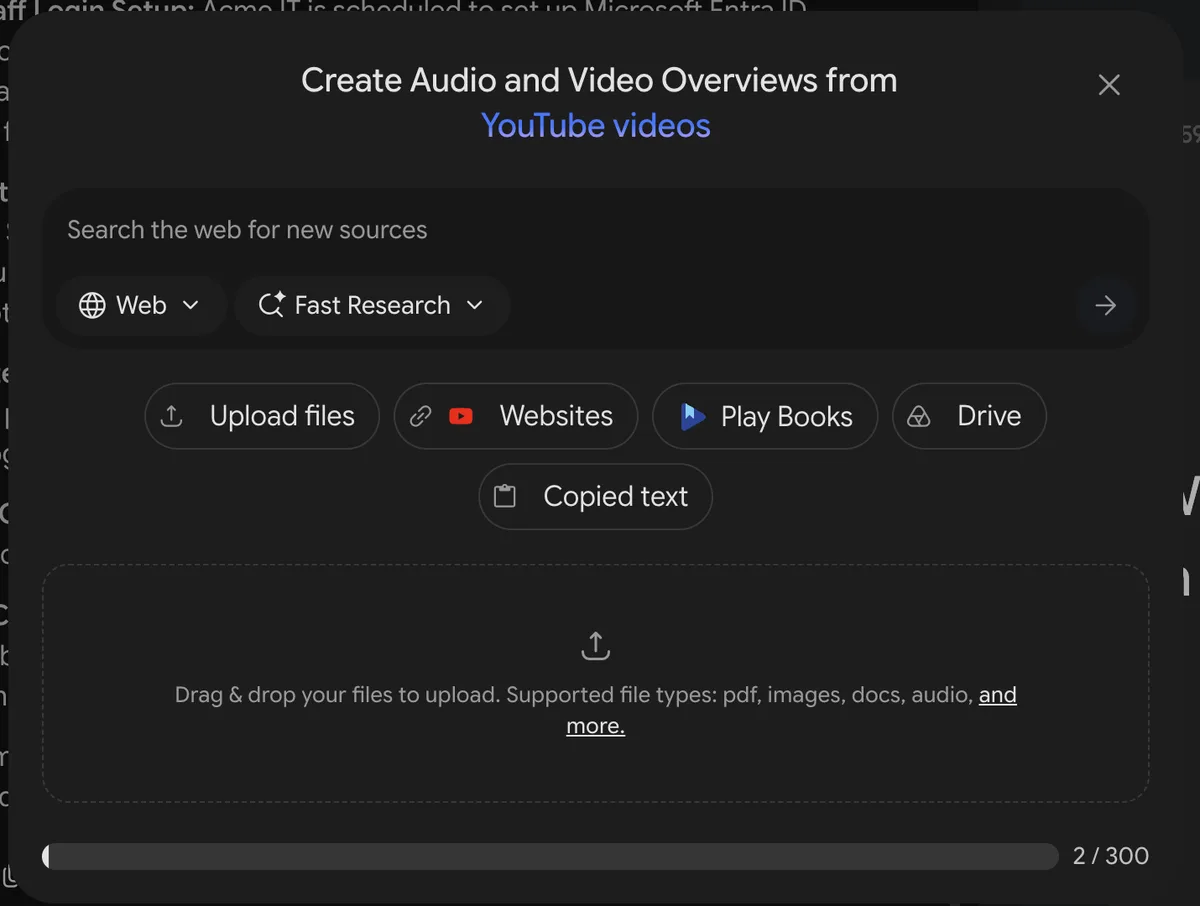 The Add sources window in Gemini Notebook with buttons for Upload files, Websites, Play Books, Drive and Copied text, a web search box, and a counter showing 2 of 300 sources.