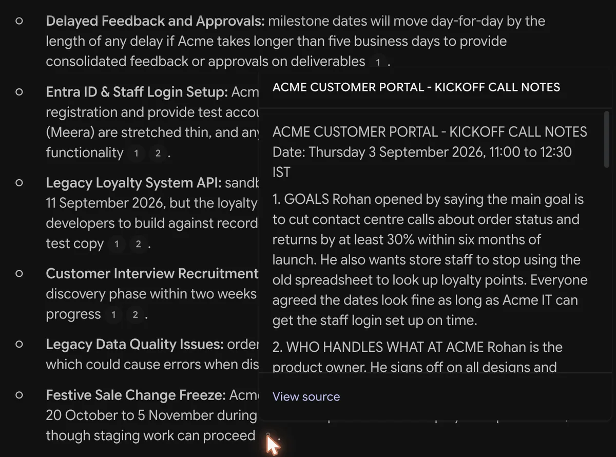 A citation preview in Gemini Notebook showing the start of the kickoff call notes and a View source link, next to the answer it supports.
