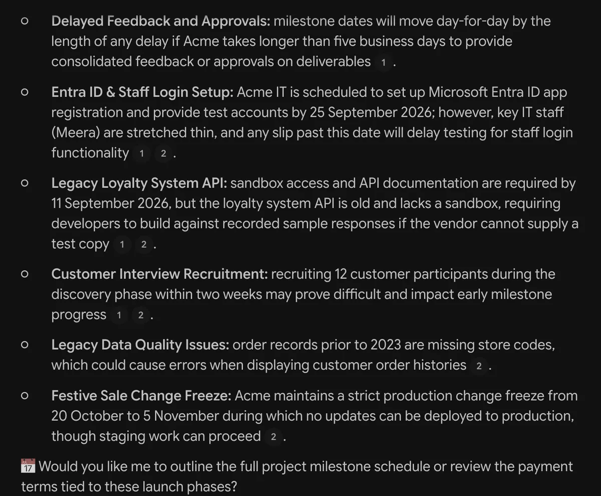 A Gemini Notebook answer listing six risks to a project launch, such as delayed approvals and a festive sale change freeze, each followed by small numbered citations.