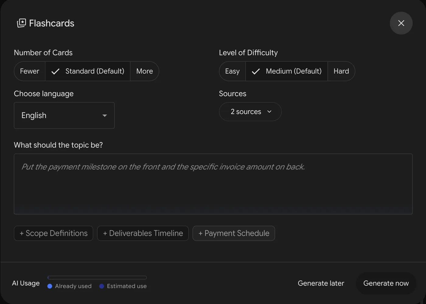 The Flashcards settings in Gemini Notebook: number of cards, level of difficulty, language, which sources to use, a topic box with suggestions, an AI usage bar, and Generate later and Generate now buttons.