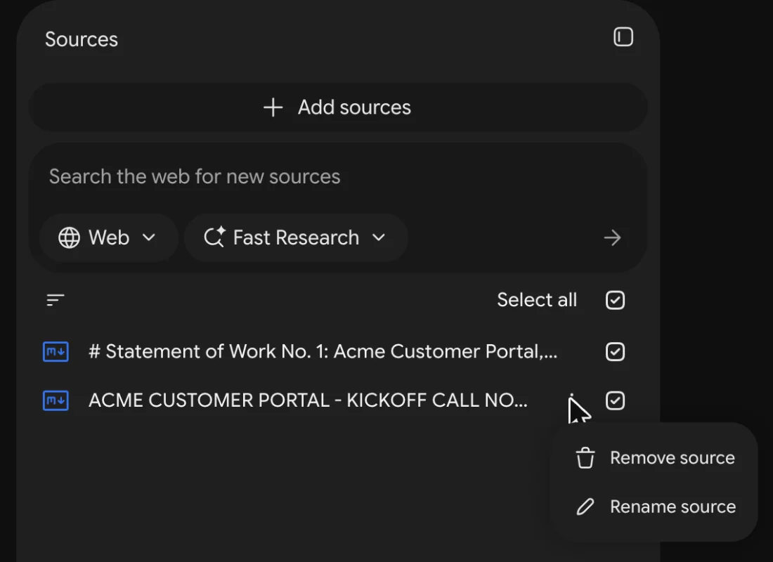 The Gemini Notebook Sources panel with a source's three-dot menu open, showing Remove source and Rename source.