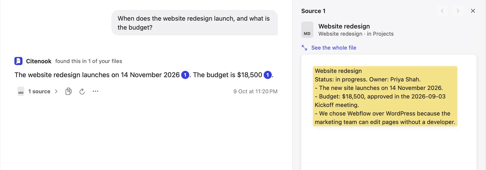 Citenook answering 'When does the website redesign launch, and what is the budget?' with 14 November 2026 and $18,500, each with a numbered source, and the source panel showing the Website redesign note from the Projects folder with the passage highlighted.