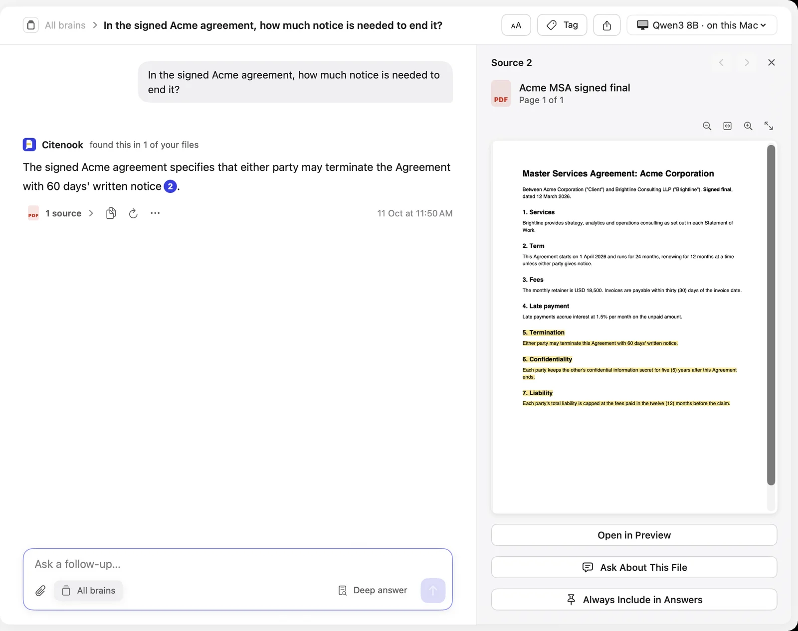 Citenook answering 'In the signed Acme agreement, how much notice is needed to end it?' with Qwen3 8B running on the Mac, and the signed agreement open beside it with the termination clause highlighted.
