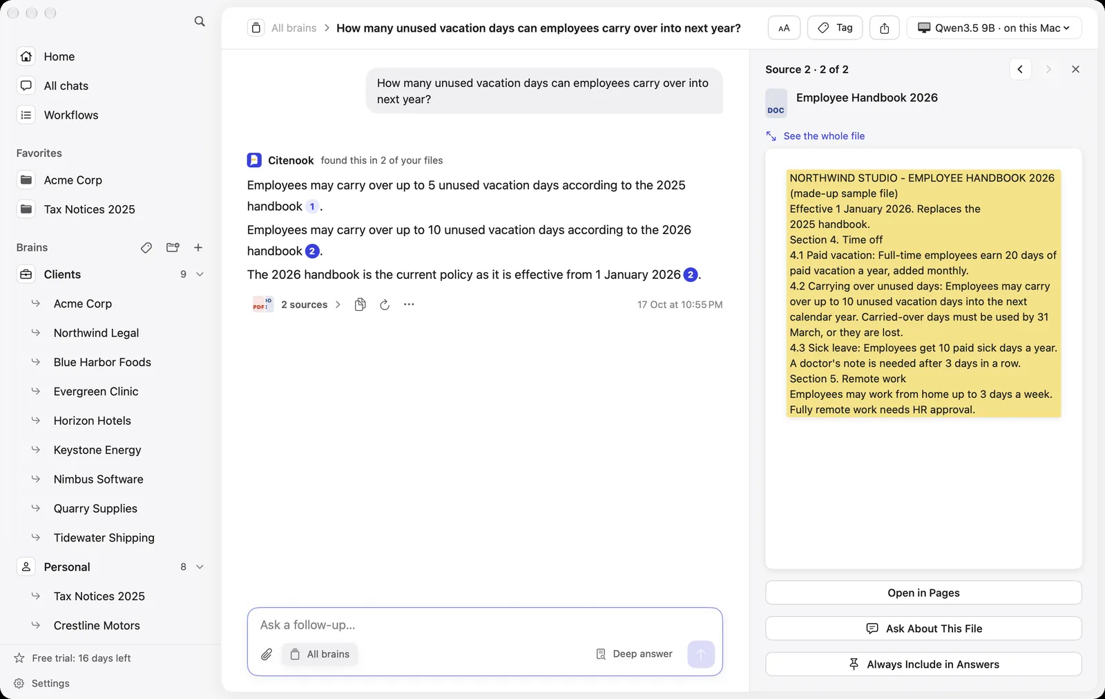Citenook answering 'How many unused vacation days can employees carry over into next year?' with Qwen3.5 9B on the Mac: 5 days in the 2025 handbook, 10 in the 2026 handbook, and that the 2026 handbook is current, with the 2026 handbook open beside it and its text highlighted.