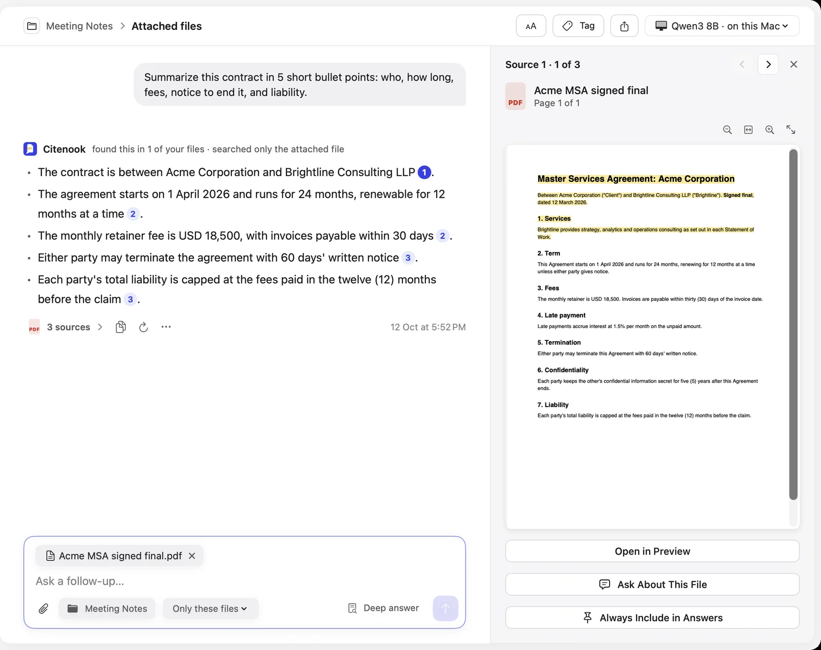 Citenook summarizing an attached contract PDF in five bullet points with a model on the Mac, each point numbered, and the contract open beside it with the cited lines highlighted.